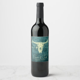 Rustic Western Mörk Teal SunblommBull Skull Vinflaska Etikett
