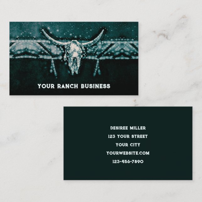 Rustic Western Mörk Teal SunblommBull Skull Visitkort (Fram/baksida)