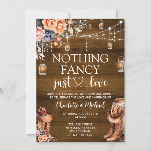 Rustic Western Nothing Fancy Just Love Wedding Inbjudningar (Framsida)