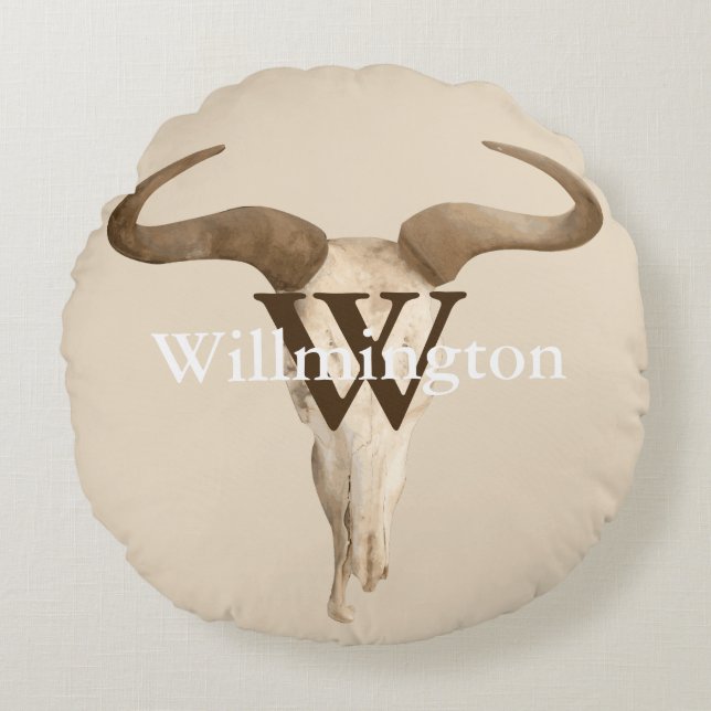 Rustic Western Prairie Cow Skull Namn Rund Kudde (Framsidan)