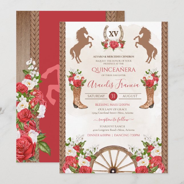 Rustic Western Red Flor Cowgirl Charra Quinceanera Inbjudningar (Fram/baksida)