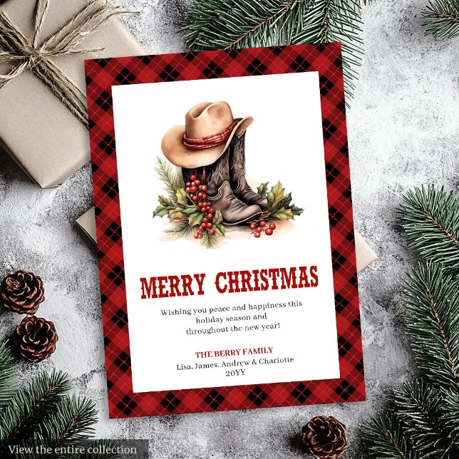 Rustic Western Red Tartan Holiday Greeting Card Julkort (Rustic Western Red Tartan Holiday Greeting Card)