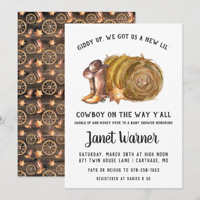 Rustic Western Rodeo Cowboy Baby Shower-inbjudan Inbjudningar (Fram/baksida)