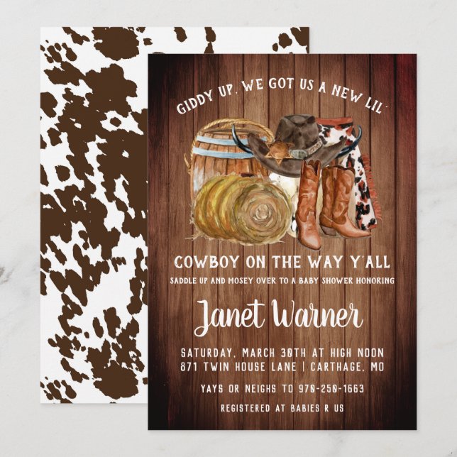 Rustic Western Rodeo Cowboy Baby Shower-inbjudan Inbjudningar (Fram/baksida)
