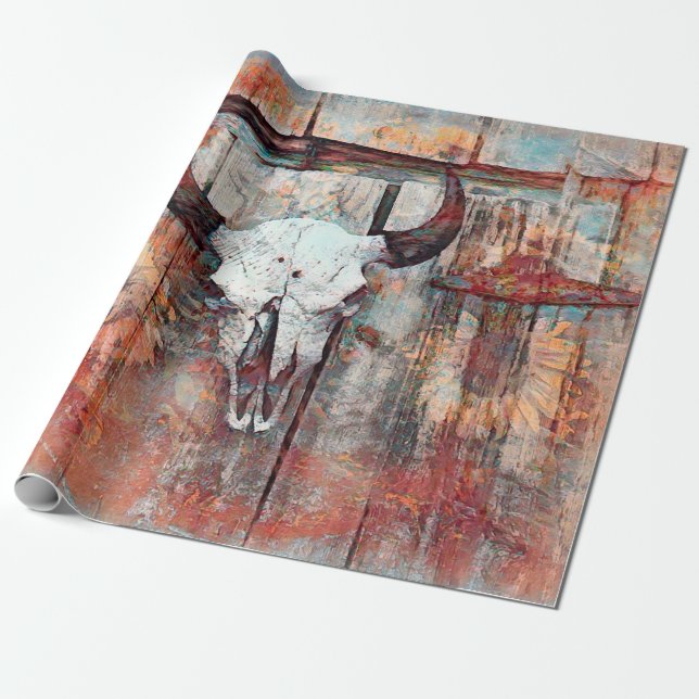 Rustic Western Rust Brown Bull Skull Sunblommor Presentpapper (Utrullad)