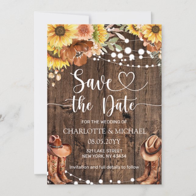 Rustic Western Sunflower Save the Date Wedding Inbjudningar (Framsida)