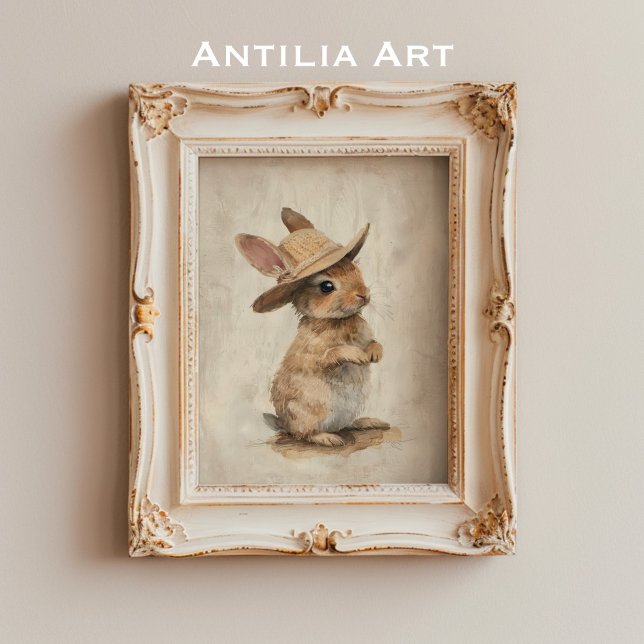 Rustic Whimsic Animal Art Bunny med straw Hat Poster (Skapare uppladdad)