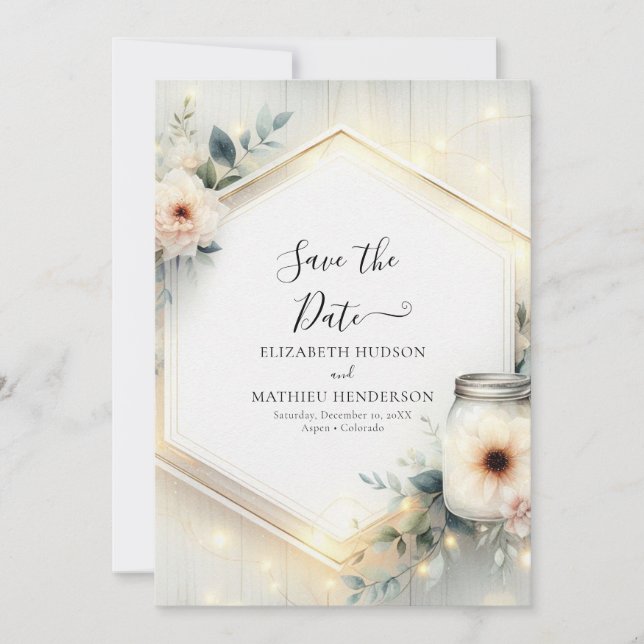 Rustic Whimsical Mason Burk Bröllop Spara Datumet (Framsida)