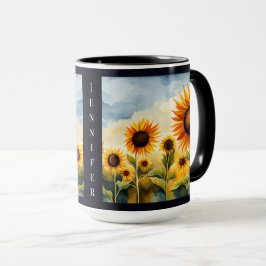 Rustic Whimsical Watercolor Sunblommor Monogram Mugg