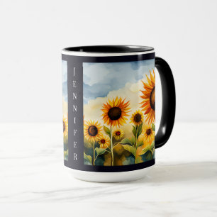 Rustic Whimsical Watercolor Sunblommor Monogram Mugg