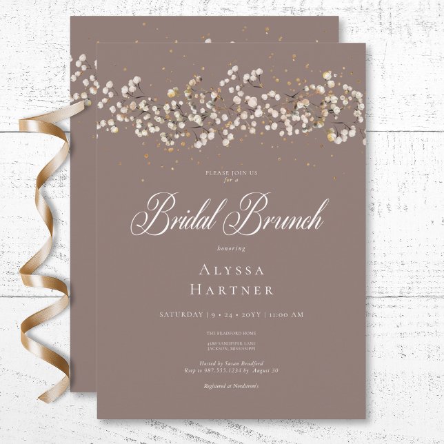 Rustic White Baby's Band Brown Möhippa Brunch Inbjudningar (Rustic White Baby's Breath Brown Bridal Brunch Invitation)