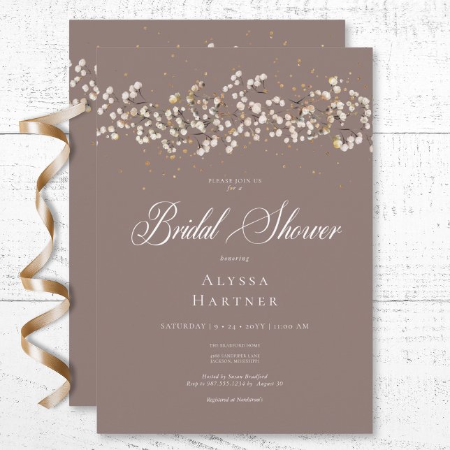 Rustic White Baby's Band Brown Möhippa Inbjudningar (Rustic White Baby's Breath Brown Bridal Shower Invitation)