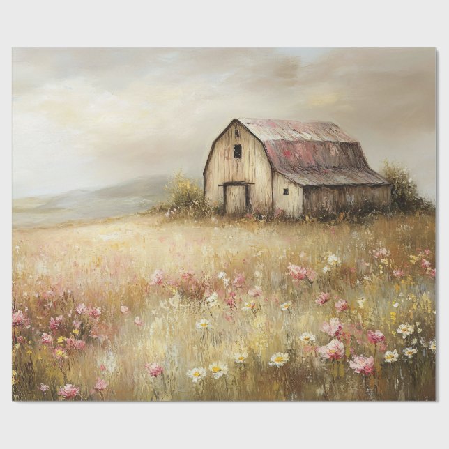 Rustic White Barn Wildblomma Fält Decoupage Presentpapper (Platt)
