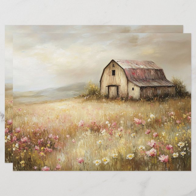 Rustic White Barn Wildblomma Fält Scrapbook Papper (Fram/baksida)
