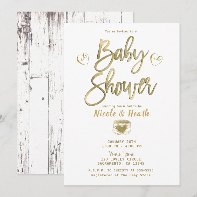 Rustic White Barn Wood Chic Guld Baby Shower Inbjudningar (Fram/baksida)