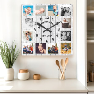 Rustic White Barn Wood Farmhouse 12 Photo Collage Fyrkantig Klocka