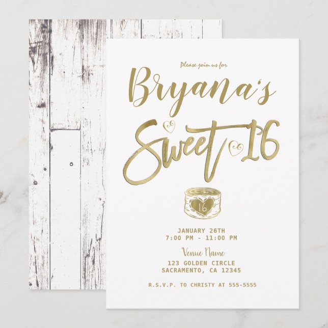Rustic White Barn Wood Guld Sweet 16 Party Inbjudningar (Fram/baksida)