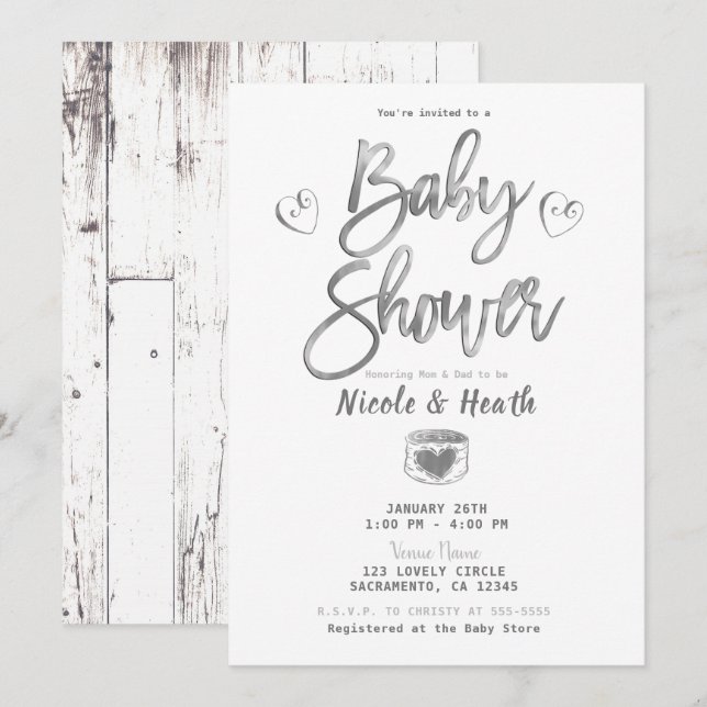 Rustic White Barn Wood Silver Baby Shower Inbjudningar (Fram/baksida)