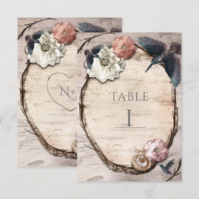 Rustic White Birch & Hummingbird Bordsnummer Card (Fram/baksida)