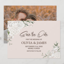 Rustic White Blommigt Anpassningsbar Photo Bröllop Spara Datumet
