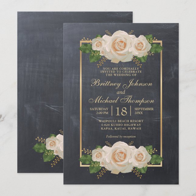 Rustic White Blommigt Chalkboard Formal | BRÖLLOP Inbjudningar (Fram/baksida)