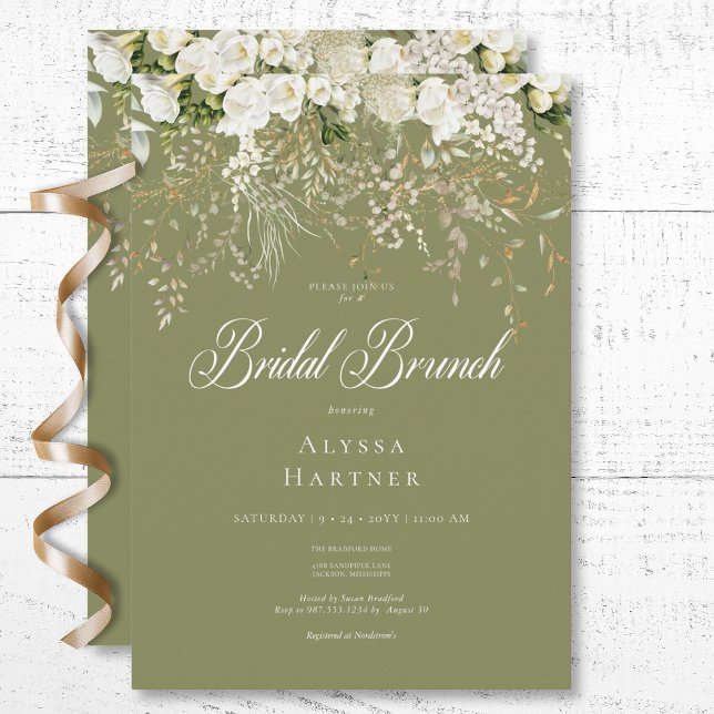 Rustic White Blommigt Drop Sage Grönt Möhippa Brun Inbjudningar (Rustic White Floral Drop Sage Green Bridal Brunch Invitation)