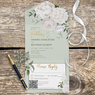 Rustic White Blommigt Peonies on Sage Grönt QR- ko