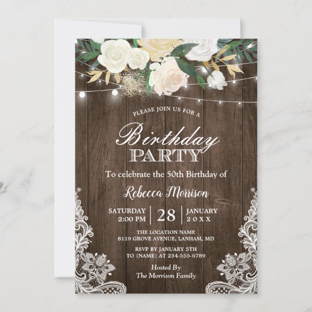 Rustic White Blommigt String Ljus Födelsedagsfest Inbjudningar (Framsida)