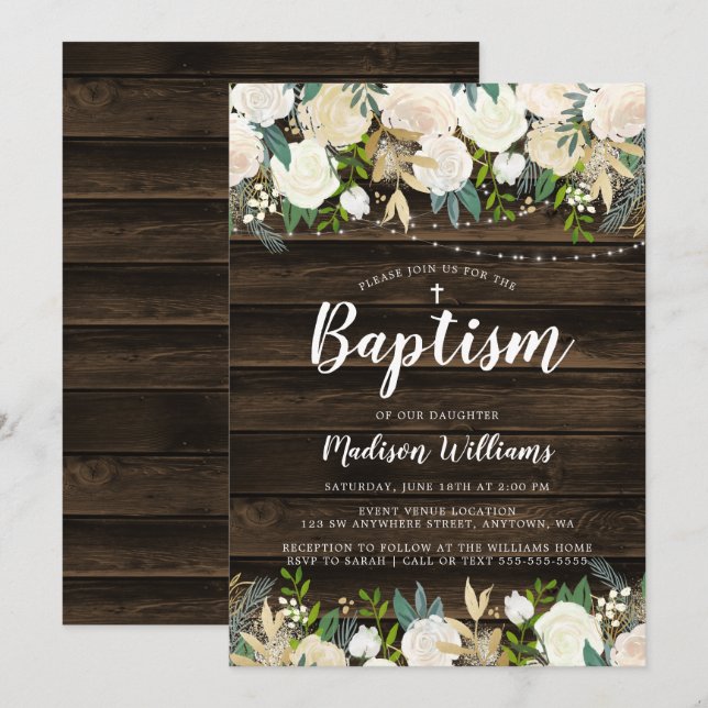 Rustic White Blommigt String Ljus Girl Baptism Inbjudningar (Fram/baksida)