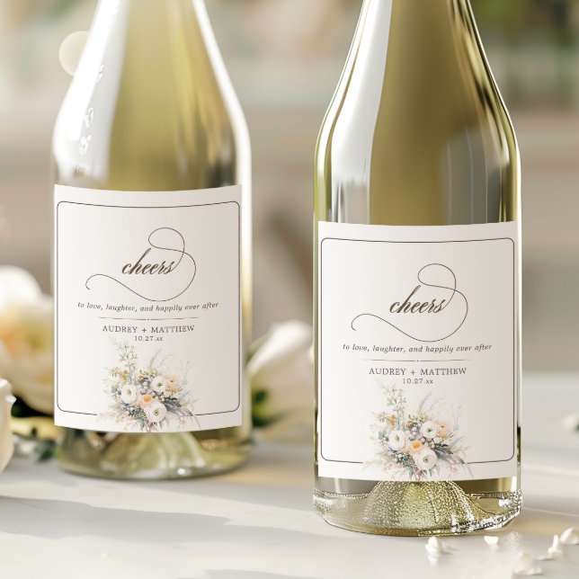 Rustic White Blooms Cheers Bröllop Vinflaska Etikett (Skapare uppladdad)