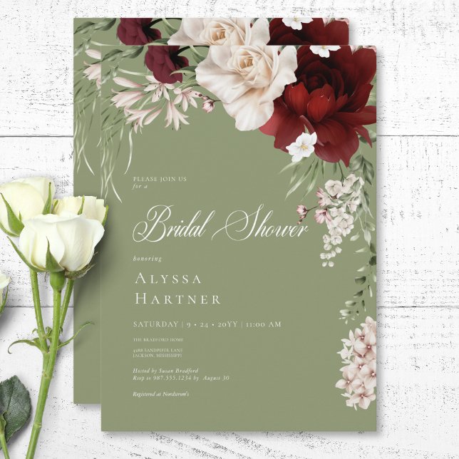 Rustic White & Burgundy Blommigt Grönt Möhippa Inbjudningar (Rustic White & Burgundy Floral Green Bridal Shower Invitation)