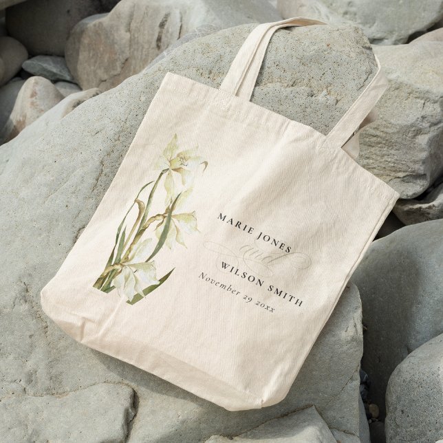 Rustic White Daffodil Blommigt Vattenfärg Bröllop Tygkasse (Skapare uppladdad)