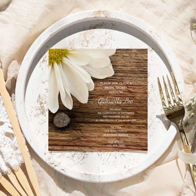 Rustic White Daisy Barn Wood Land Möhippa Inbjudningar (Skapare uppladdad)