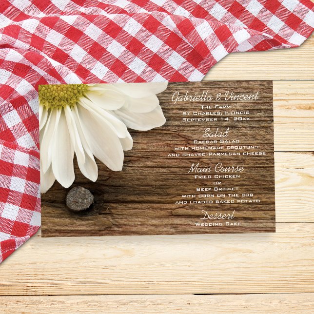 Rustic White Daisy och Barn Wood Farm Bröllop Menu (Skapare uppladdad)