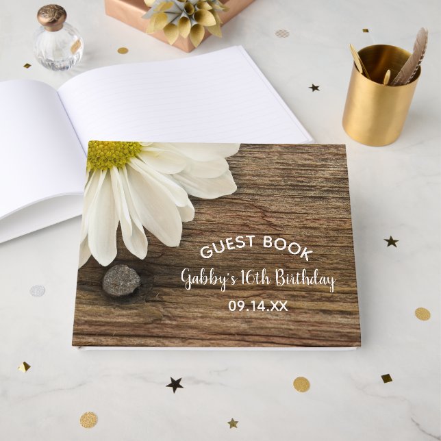 Rustic White Daisy och Barn Wood Land Birthday Gästböcker (Framsida Öppen)
