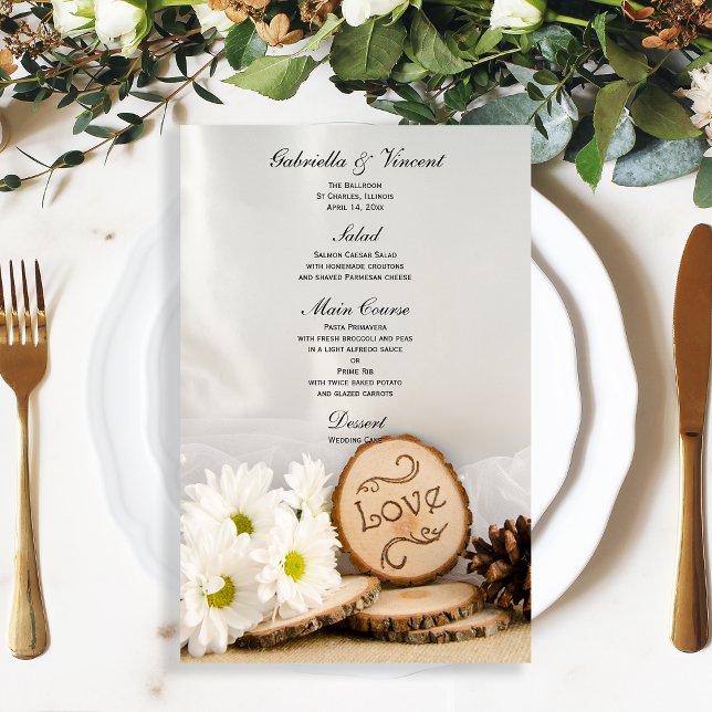 Rustic White Daisy Woodland Bröllop Menu (Skapare uppladdad)