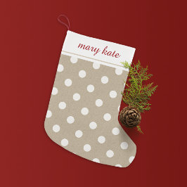Rustic White Faux Burlap Polka Dot Liten Julstrumpa