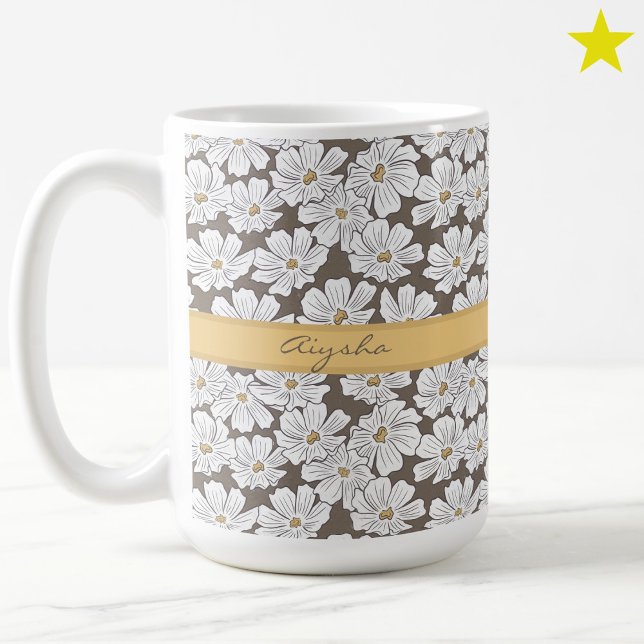 Rustic White Flower Sketch Yellow Gray Custom Name Kaffemugg (Skapare uppladdad)