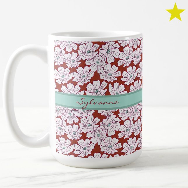 Rustic White Flowers Sketch Red Teal Custom Name Kaffemugg (Skapare uppladdad)