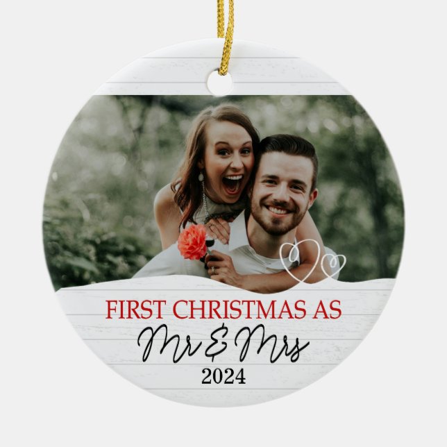 Rustic White Första jul som Mr & Mrs. Julgransprydnad Keramik (Framsidan)