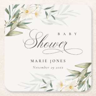Rustic White Greenery Blommigt Bunch Baby Shower Underlägg Papper Kvadrat