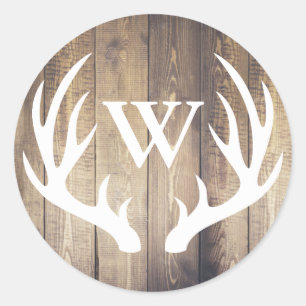 Rustic White Hjort Antlers Barn Wood Initial Brev Runt Klistermärke