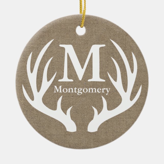 Rustic White Hjort Antlers Faux Burlap-familjen Na Julgransprydnad Keramik (Framsidan)