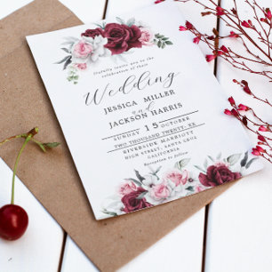 Rustic White Maroon Ro Blommigt Bröllop Inbjudningar