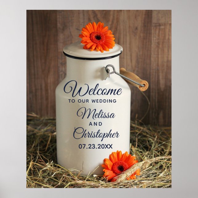 Rustic White Mjölk Jug med blommor Bröllop Välkomm Poster (Framsidan)