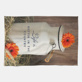 Rustic White Mjölk Jug med blommor Kökshandduk