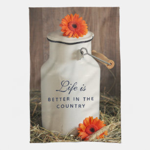 Rustic White Mjölk Jug med blommor Kökshandduk
