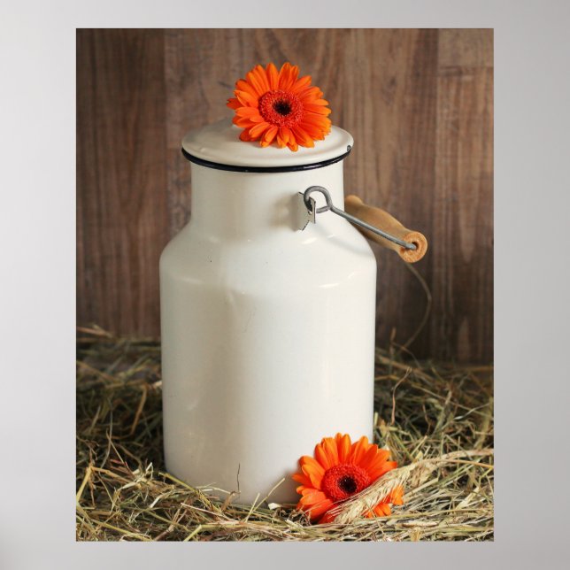 Rustic White Mjölk Jug med Orange Flowers Photo Poster (Framsidan)