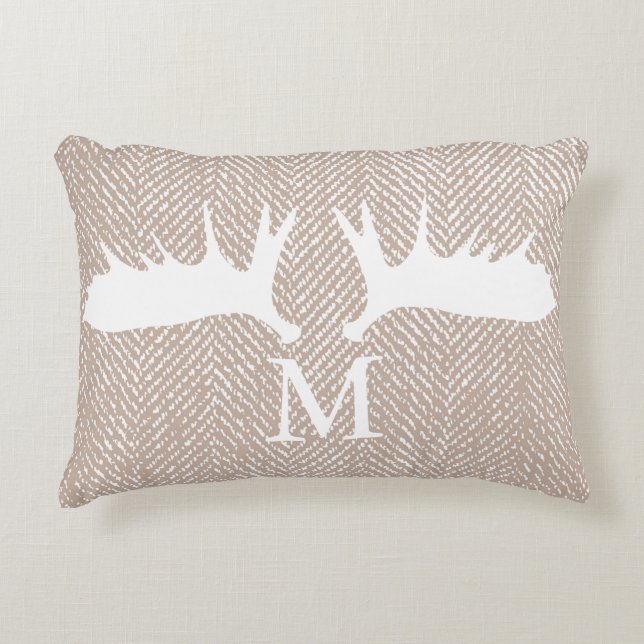 Rustic White Moose Antlers & Taupe Herringbone Prydnadskudde (Framsidan)