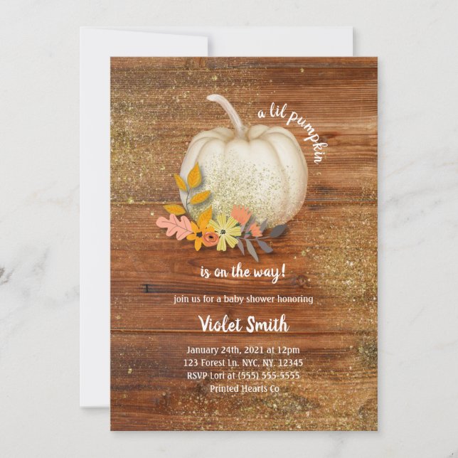 Rustic White och Guld Pumpkin Baby Shower Inbjudan (Framsida)